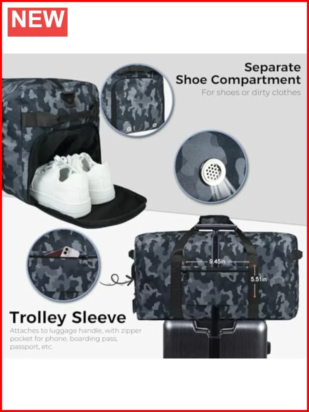 65L Foldable Travel Duffel with Shoes Compartment, Water Repellent